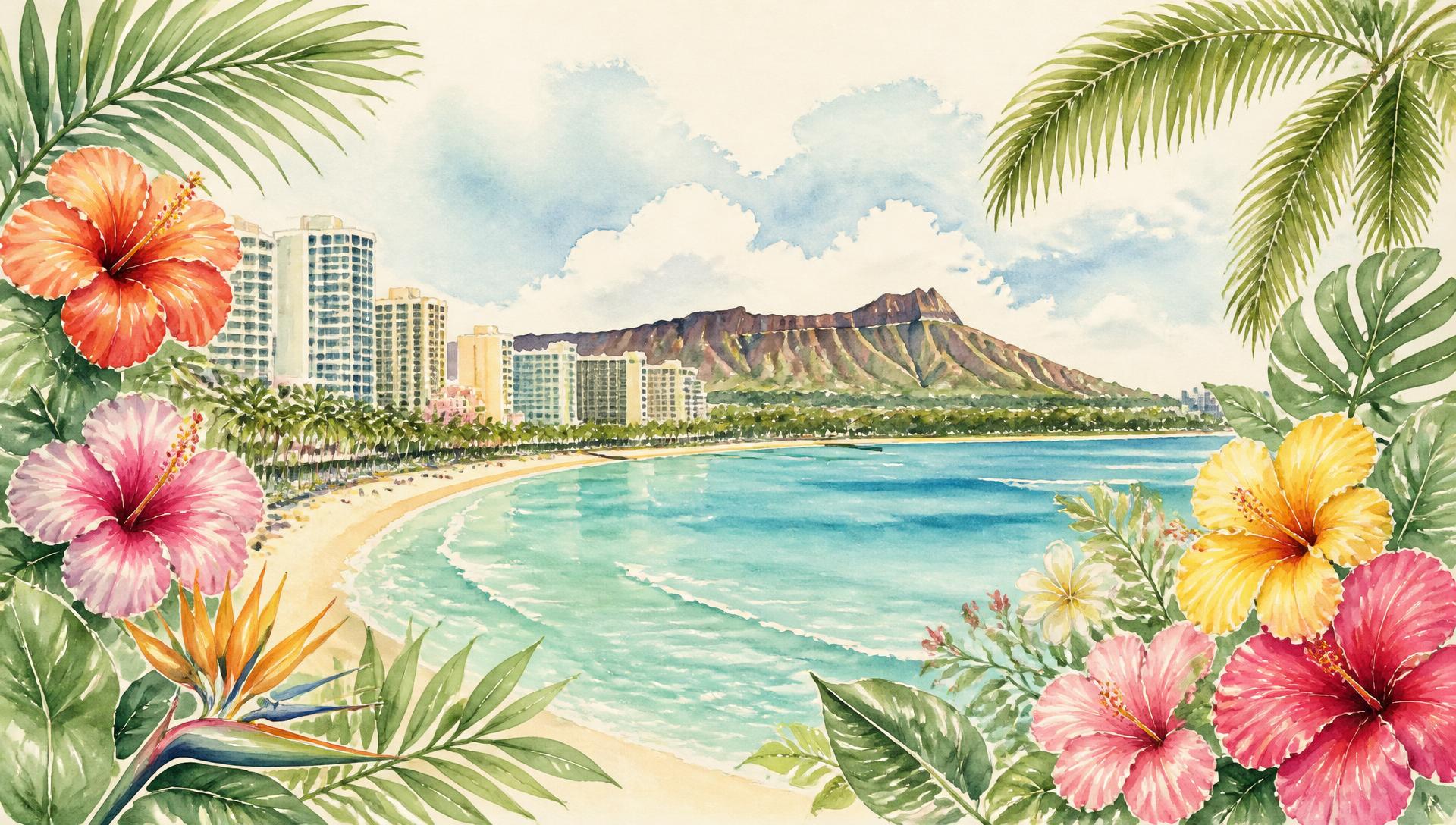 Watercolor painting of Waikiki Beach and Diamond Head, Honolulu