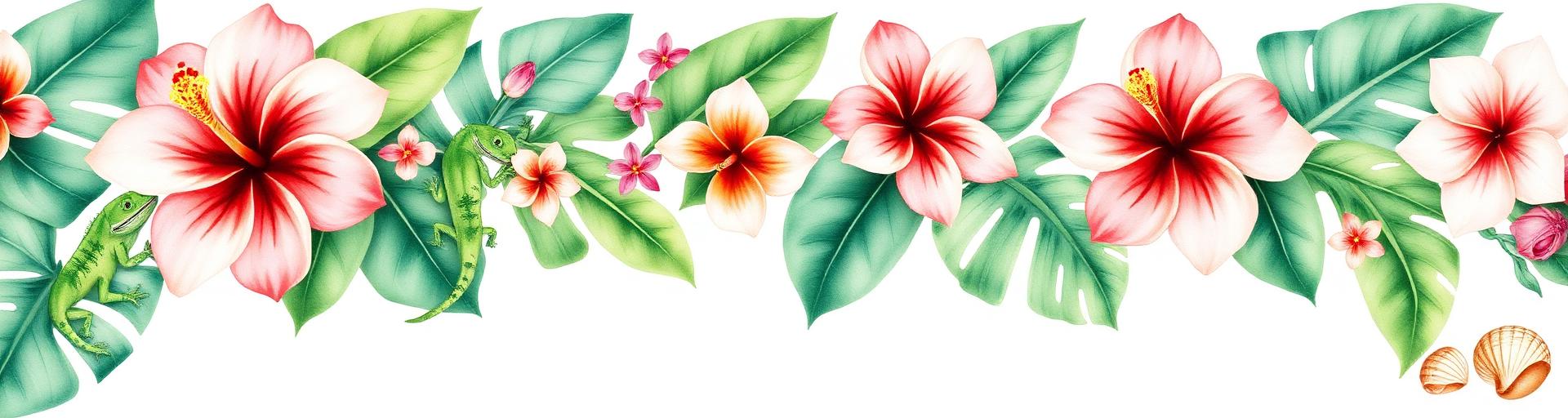 Watercolor tropical flowers and geckos